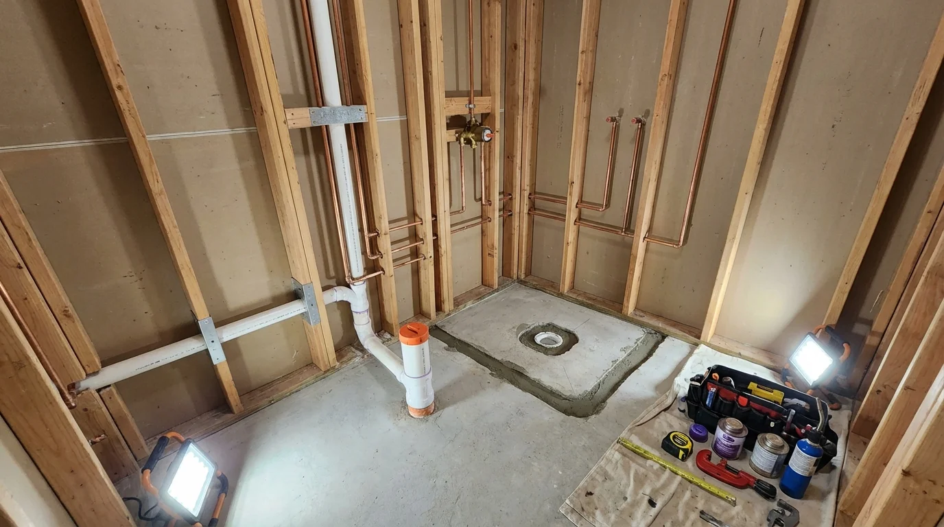 Bathroom rough-in plumbing during remodel by Johns Plumbing LLC in Lake Placid