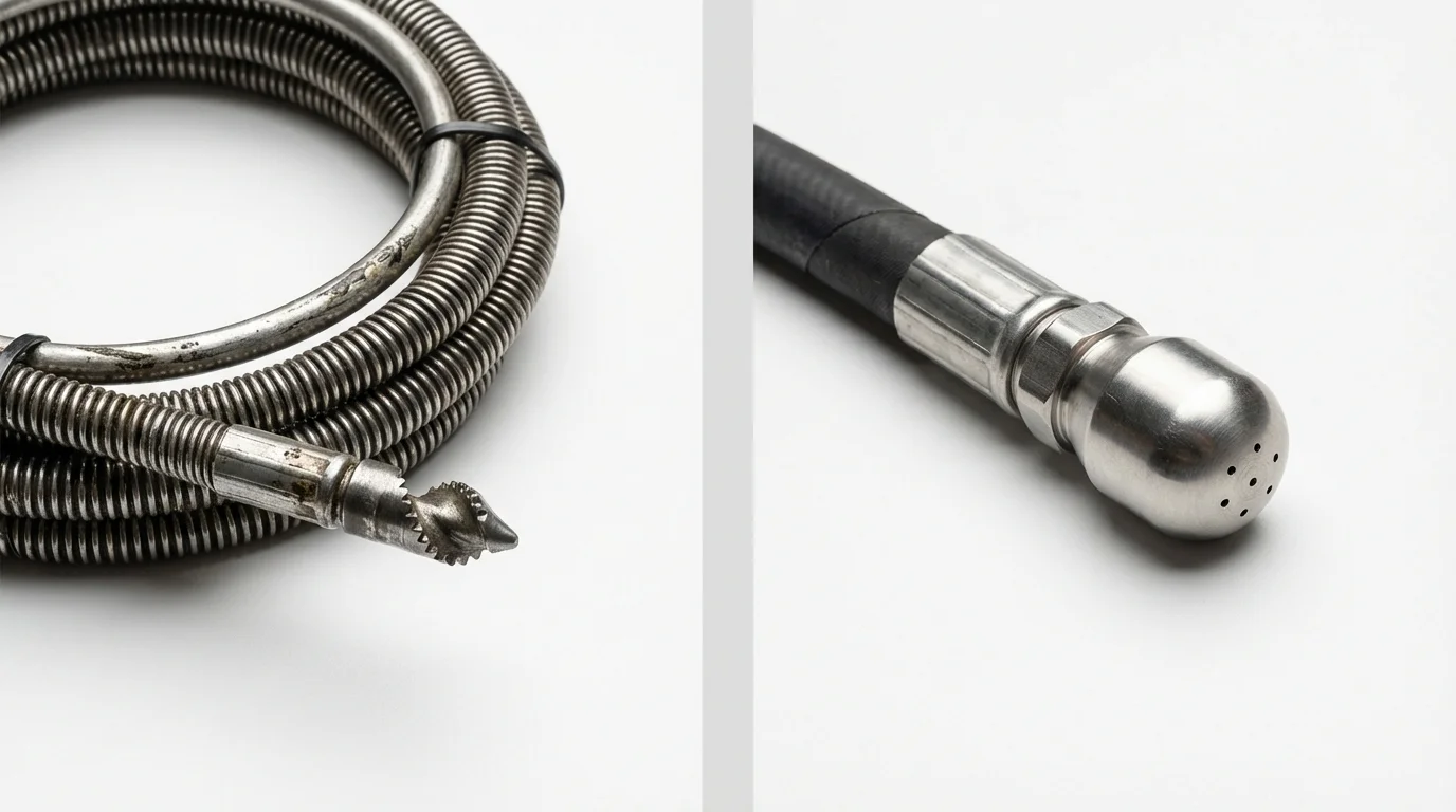 Drain snake cable and hydro jetting nozzle used for drain cleaning in Lake Placid, NY