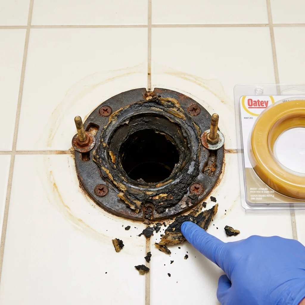 Failed wax ring showing water seepage at the base of a toilet in a Lake Placid, NY home