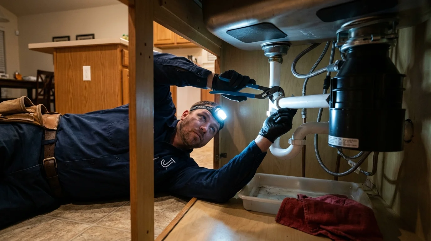 P-trap and supply line connections under a kitchen sink showing a common leak point in Lake Placid, NY
